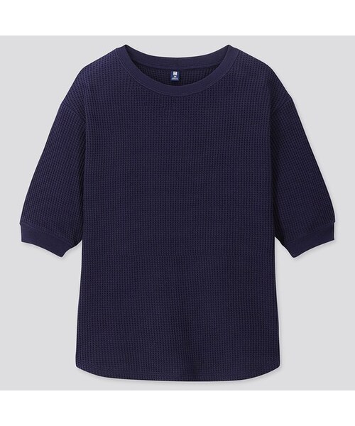 UNIQLO（ユニクロ）の「GIRLS ワッフルクルーネックT（5分袖）（Tシャツ/カットソー・キッズ・OFF WHITE 01/GRAY 04/NAVY 69/PINK 11・140/120/100/150/160/110/130）」の3枚目の写真
