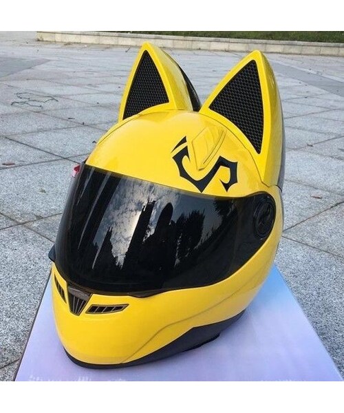 No Brand ノーブランド の Nitrinos バイク オフロード フルフェイスヘルメット 可愛い猫耳 バイク ジェット ヘルメット 男女兼用 S M L Xl Xxl サイズ 黄色 Tシャツ カットソー Wear