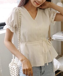 DHOLIC | Vネックボタンショートスリーブブラウス(シャツ/ブラウス)