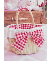Bobon21 | ギンガムリボンかごバッグ-全１色-(かごバッグ)
