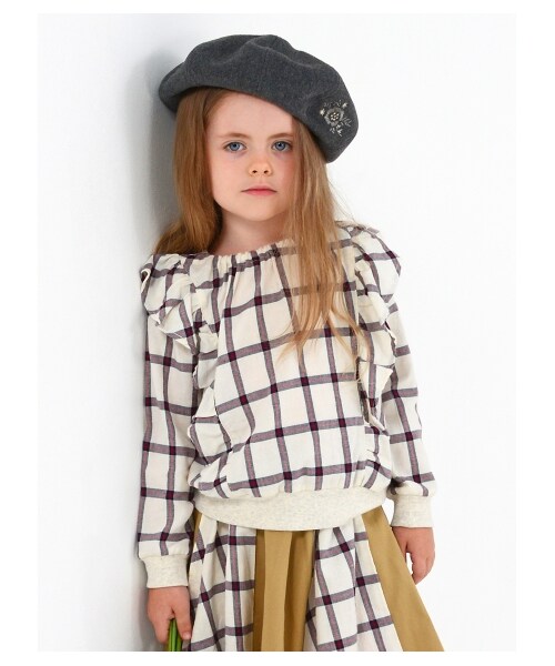 HAKKA KIDS（ハッカキッズ）の「［セットアップ対応］フリル付きチェックトレーナー（トップス・キッズ・レッド/オフホワイト・100/110/120）」の3枚目の写真