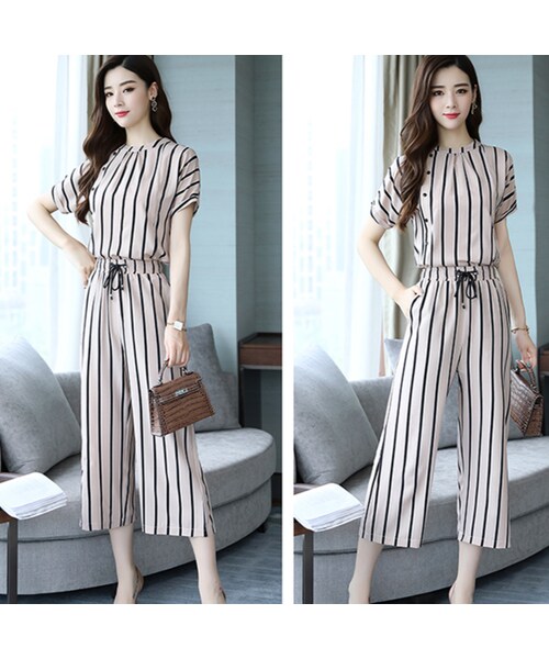 No Brand ノーブランド の ストライプセットアップ 半袖 ツーピース クロップドパンツ きれいめ パーティー 二次会 結婚式 お呼ばれ 同窓会 大きいサイズ ワンピース Wear