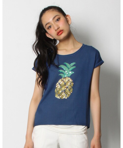 VICKY（ビッキー）の「パインモチーフインターシャニット（トップス・レディース・ホワイト/ブラック/ブルー・M）」の3枚目の写真