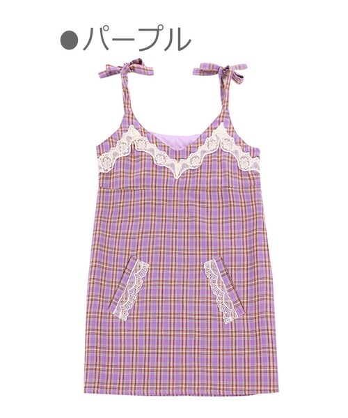 Bobon21(ボボンニジュウイチ)の「チェック柄レース入りキャミワンピース-全2色-(ワンピース・レディース・ピンク/パープル・S/M/L)」の2枚目の写真