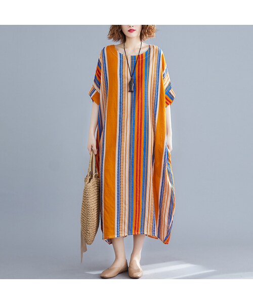 No Brand ノーブランド の 夏桜 Uネック ゆったり ストライプ コットン リネン ワンピース ホリデーカジュアルワンピース Ns 35 ワンピース Wear