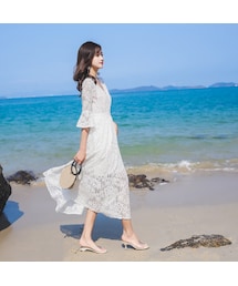 no brand（ノーブランド）の「夏桜＊Vネック レース ロング 白