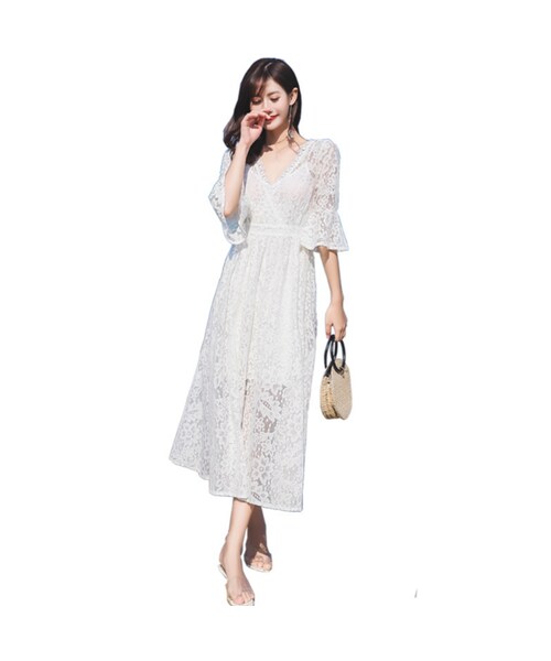 ワンピース Nodress Cotton Dress White no brand（ノーブランド）の「夏桜＊Vネック レース ロング 白