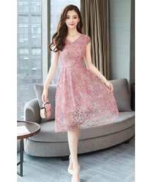 no brand（ノーブランド）の「花柄レース 半袖 Vネック Aライン