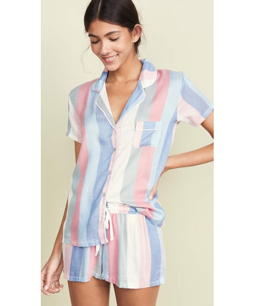 Splendid Women's Striped Henley Pajama Set – Oversized Top & Shorts For Comfy Weekends