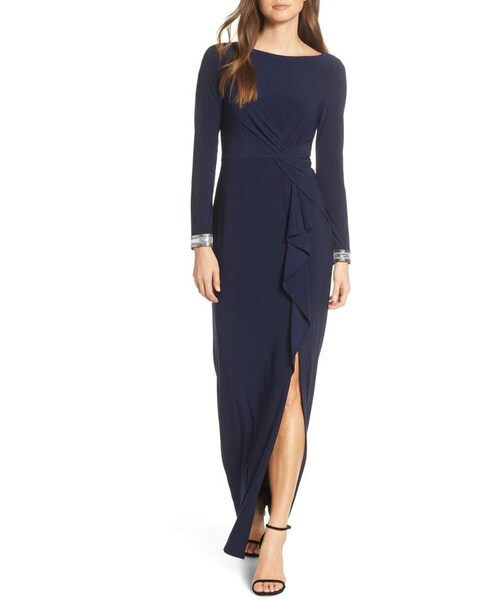 vince camuto beaded cuff ruched jersey gown