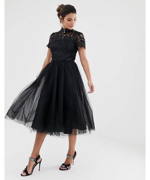 Chi chi london high neck lace midi dress with tulle skirt Clearance