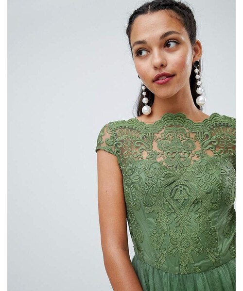 Chi Chi London（チチロンドン）の「Chi Chi London premium lace midi dress with cap sleeve（ワンピース・レディース・Green・Us 8）」の4枚目の写真