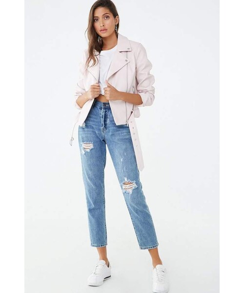 FOREVER 21(フォーエバー トゥエンティーワン)の「Forever 21 Faux Leather Belted Moto Jacket(ライダースジャケット・レディース・Black/Red/Pink・Small/Medium/Large)」の4枚目の写真