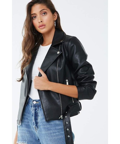 FOREVER 21(フォーエバー トゥエンティーワン)の「Forever 21 Faux Leather Belted Moto Jacket(ライダースジャケット・レディース・Black/Red/Pink・Small/Medium/Large)」の1枚目の写真