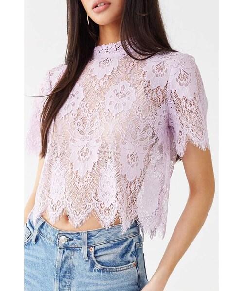FOREVER 21（フォーエバー トゥエンティーワン）の「Forever 21 Sheer Floral Lace Top（トップス・レディース・Black/Purple・Small/Medium/Large）」の2枚目の写真