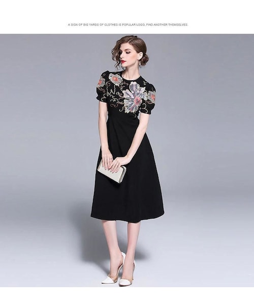 no brand（ノーブランド）の「花柄刺繍ワンピース パフ袖 パフスリーブ  