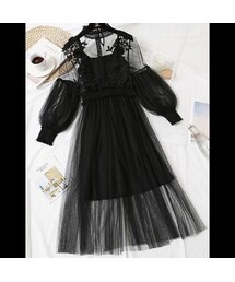 No Brand ノーブランド の パフスリーブ刺繍ガーリーワンピース シースルー 花柄 フラワー バルーン袖 結婚式 ウエディング お呼ばれ パーティー ドレス ロング 大きいサイズ 春 長袖 ブラック 黒 ワンピース Wear