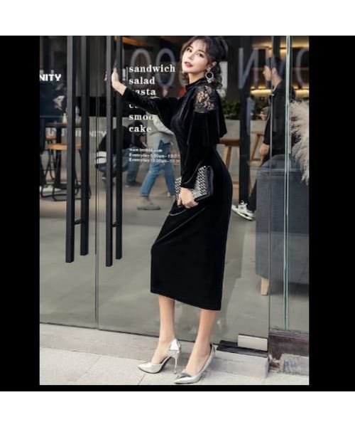 新品 ベロア ワンピース フォーマル ドレス 膝丈 パーティー 結婚式 上品 黒 即納 パーティードレス 結婚式 お呼ばれ ドレス ワンピース 韓国