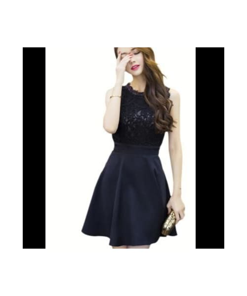 No Brand ノーブランド の レース ノースリーブ 切替ワンピース フレアスカート 結婚式 ドレス フォーマル パーティドレス ミニ丈 グレー 黒 ブラック ワンピース Wear