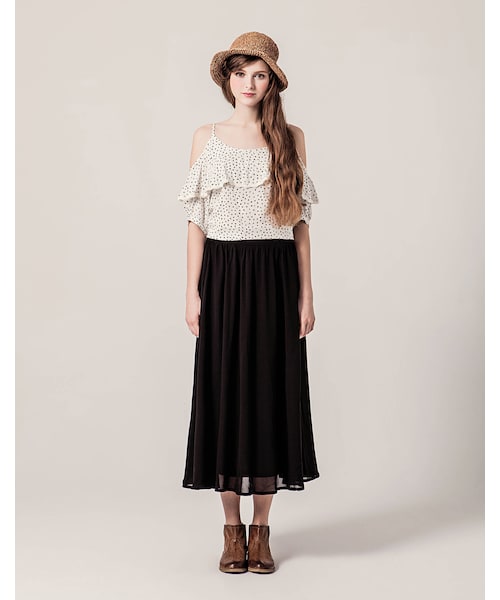 PAZZO（パッゾ）の「優雅浪漫飄逸雪紡長裙（スカート・レディース・杏/黑・S/M/L）」の4枚目の写真