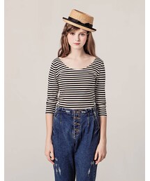 PAZZO | 黑米條紋彈性上衣(トップス)