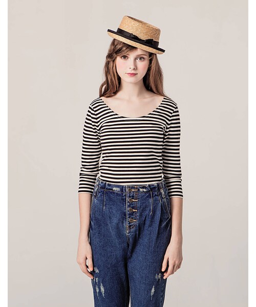 PAZZO（パッゾ）の「黑米條紋彈性上衣（トップス・レディース・黑米條・S/M/L）」の7枚目の写真