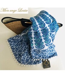 ◆Mon ange Louise◆　beach towel（blue/white）ポンポン付きOVAL型ビーチタオル（blue/white）