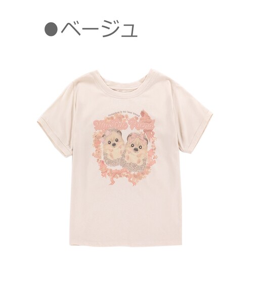 Bobon21（ボボンニジュウイチ）の「ツインはりねずみフォトTシャツ-全３色-（Tシャツ/カットソー・レディース・ホワイト/ベージュ/ピンク・S/M）」の2枚目の写真