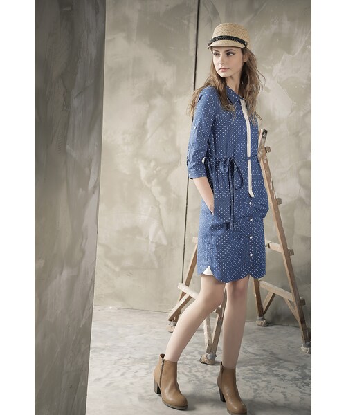 ORENDA（オレンダ）の「這版型賣翻了水玉長版襯衫洋裝（トップス・レディース・藍/淺藍・S/M/L）」の8枚目の写真