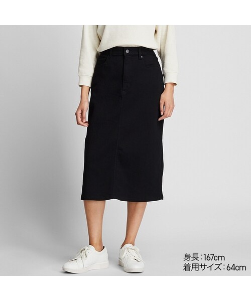 UNIQLO（ユニクロ）の「デニムミディスカート(丈短め70.5～73.5cm）（スカート・レディース・BLUE 68/BLACK 09/NAVY 69・76/55/73/64/67/70/58/61）」の2枚目の写真