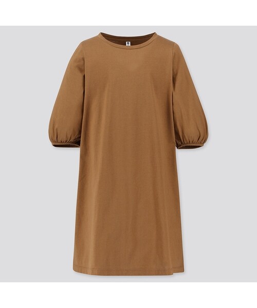 UNIQLO（ユニクロ）の「GIRLS マーセライズコットンボリュームスリーブワンピース（7分袖）（ワンピース・キッズ・NAVY 69/BROWN 35/GRAY 03・140/160/100/110/130/150/120）」の3枚目の写真