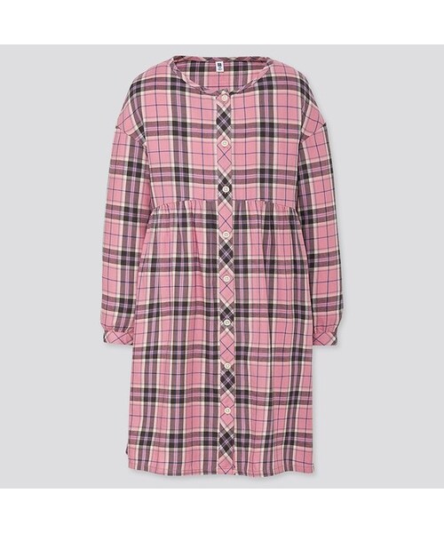 UNIQLO（ユニクロ）の「GIRLS フランネルチェックワンピース（長袖）（ワンピース・キッズ・GREEN 54/PINK 12/RED 16・150/130/140/110/100/160/120）」の2枚目の写真
