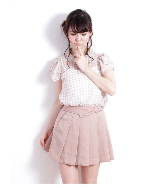 earth music&ecology(アースミュージックアンドエコロジー)の「ハイネックギンガム楊柳シフォンブラウス(シャツ・ブラウス・レディース・ブラック/ピンクベージュ・XS/L)」の2枚目の写真