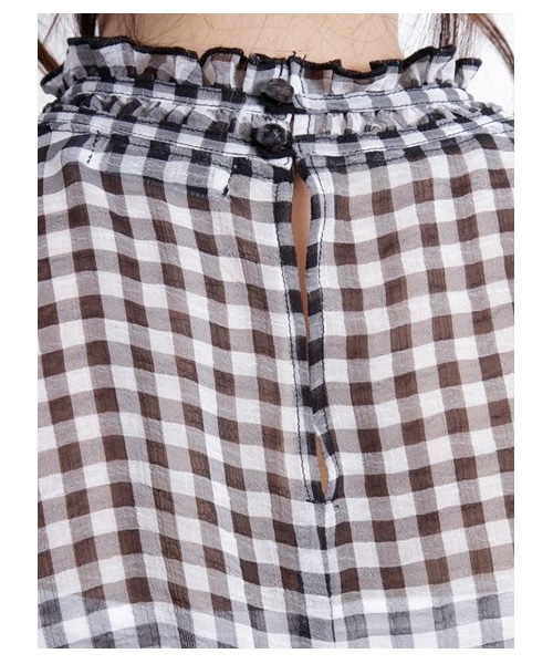 earth music&ecology(アースミュージックアンドエコロジー)の「ハイネックギンガム楊柳シフォンブラウス(シャツ・ブラウス・レディース・ブラック/ピンクベージュ・XS/L)」の8枚目の写真