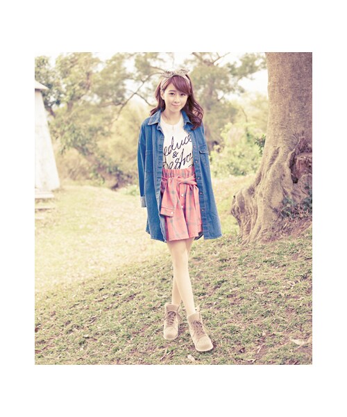 gracegift(グレースギフト)の「街頭感 韓國洗舊格紋綁腰傘裙(スカート・レディース・藍/紅・F)」の12枚目の写真