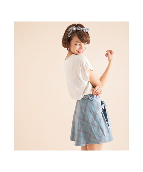 gracegift(グレースギフト)の「街頭感 韓國洗舊格紋綁腰傘裙(スカート・レディース・藍/紅・F)」の7枚目の写真