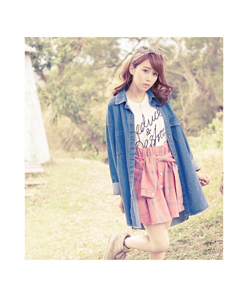 gracegift(グレースギフト)の「街頭感 韓國洗舊格紋綁腰傘裙(スカート・レディース・藍/紅・F)」の14枚目の写真