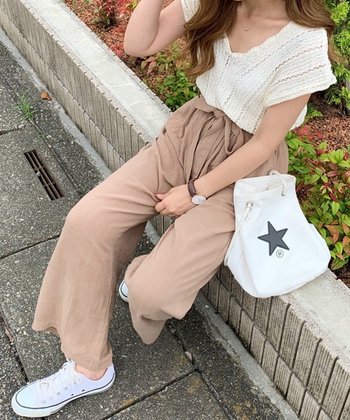 chocomee（チョコミー）の「リボン付きリネンワイドパンツ（その他パンツ・レディース・ホワイト/ベージュ/ブラック・FREE）」の2枚目の写真