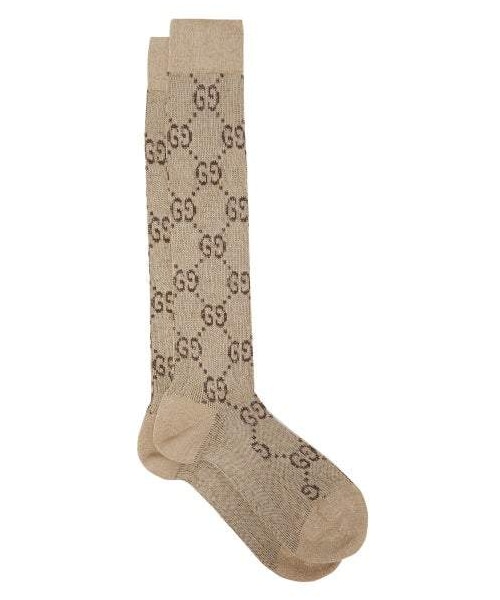 GUCCI(グッチ)の「Gucci - Gg Intarsia Knee High Cotton Blend Lame Socks - Womens - Beige Multi(レッグウェア・レディース・Beige・S/M/L)」の1枚目の写真