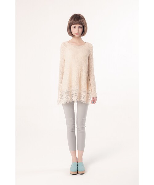 ORENDA（オレンダ）の「優雅混色下擺蕾絲針織衫（トップス・レディース・杏色/麻灰・F）」の4枚目の写真