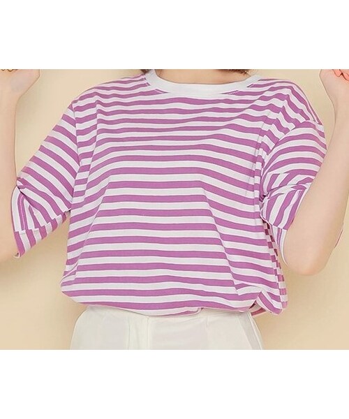 HOTPING(ホッピン)の「サイドスリットボーダーTシャツ(Tシャツ/カットソー・レディース・Grey/Yellow/Purple/Orange/Black・フリーサイズ)」の3枚目の写真