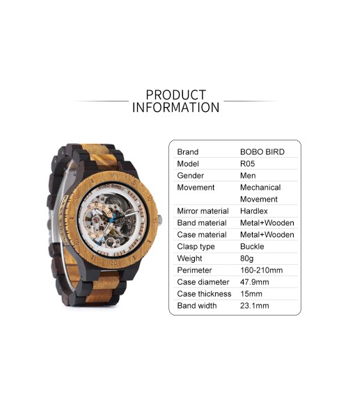 BOBO BIRD 木製腕時計 機械式 自動巻き 発光 ルミナスハンズ メンズ ツートンバンド スケルトン 海外高級ブランド 2色展開