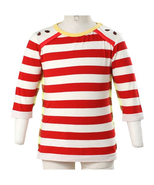 BOO HOMES(ブー オム)の「七分袖Tee(フルーツボーダー)(トップス・キッズ・グリーン/ナチュラル/イエロー・80cm/90cm/100cm/110cm/120cm/130cm/140cm)」の1枚目の写真