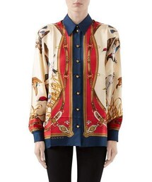 Gucci Flying Ducks & Belts Print Silk Twill Shirt