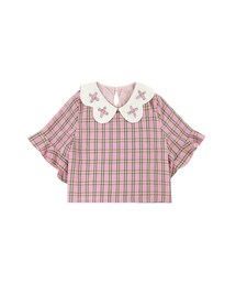Bobon21 | チェック柄フラワー襟ミニ丈トップス-全３色-(Tシャツ/カットソー)