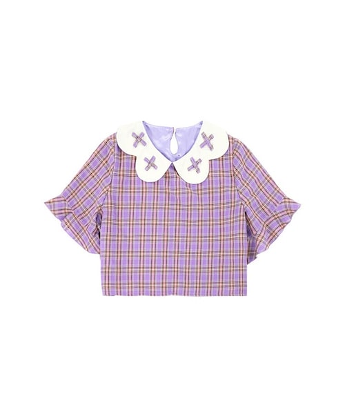 Bobon21（ボボンニジュウイチ）の「チェック柄フラワー襟ミニ丈トップス-全３色-（Tシャツ/カットソー・レディース・ピンク/ブラウン/パープル・Ｓ/M）」の3枚目の写真