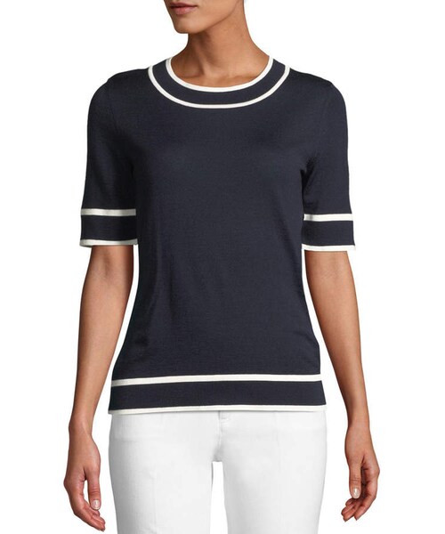 ESCADA（エスカーダ）の「Escada Crewneck Short-Sleeve Wool Pullover Sweater w/ Contrast Trim（ニット/セーター・レディース・Blue・Large）」の4枚目の写真