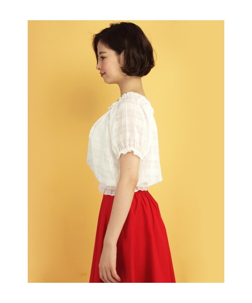 w closet（ダブルクローゼット）の「シアーチェックシャーリング半袖プルオーバー（トップス・レディース・オフホワイト/ネイビー・FREE）」の4枚目の写真