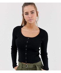 Bershka scoop button front knitted top in black