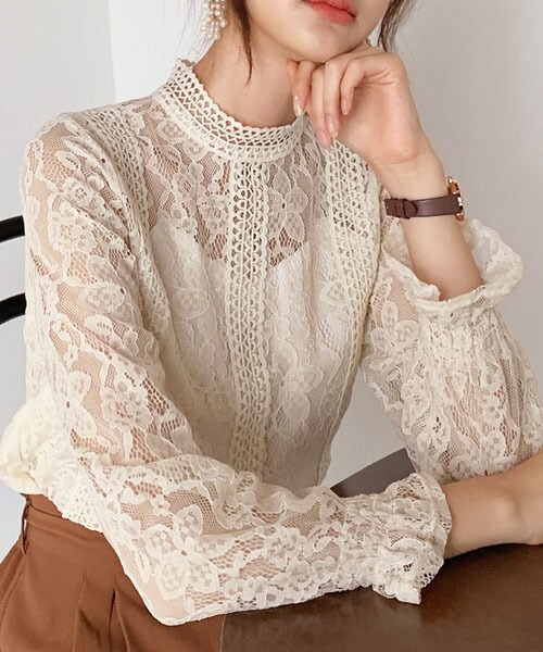 DHOLIC(ディーホリック)の「パンチングレースラインブラウス(シャツ/ブラウス・レディース・ピンク/ブラック/ベージュ/ホワイト・FREE)」の4枚目の写真